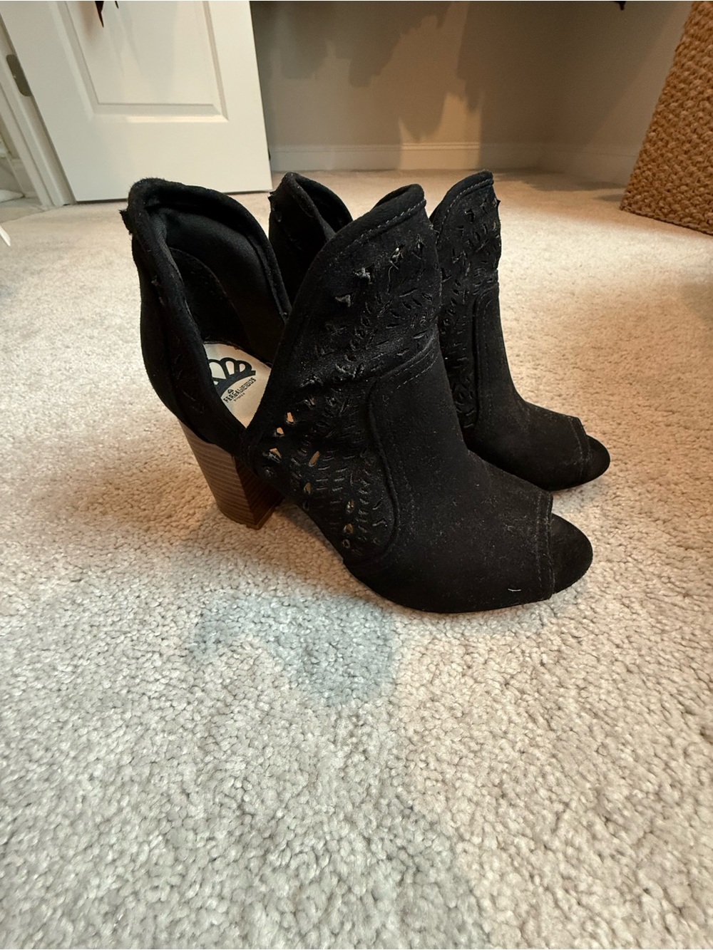 Black Suede Peep-Toe Ankle Booties